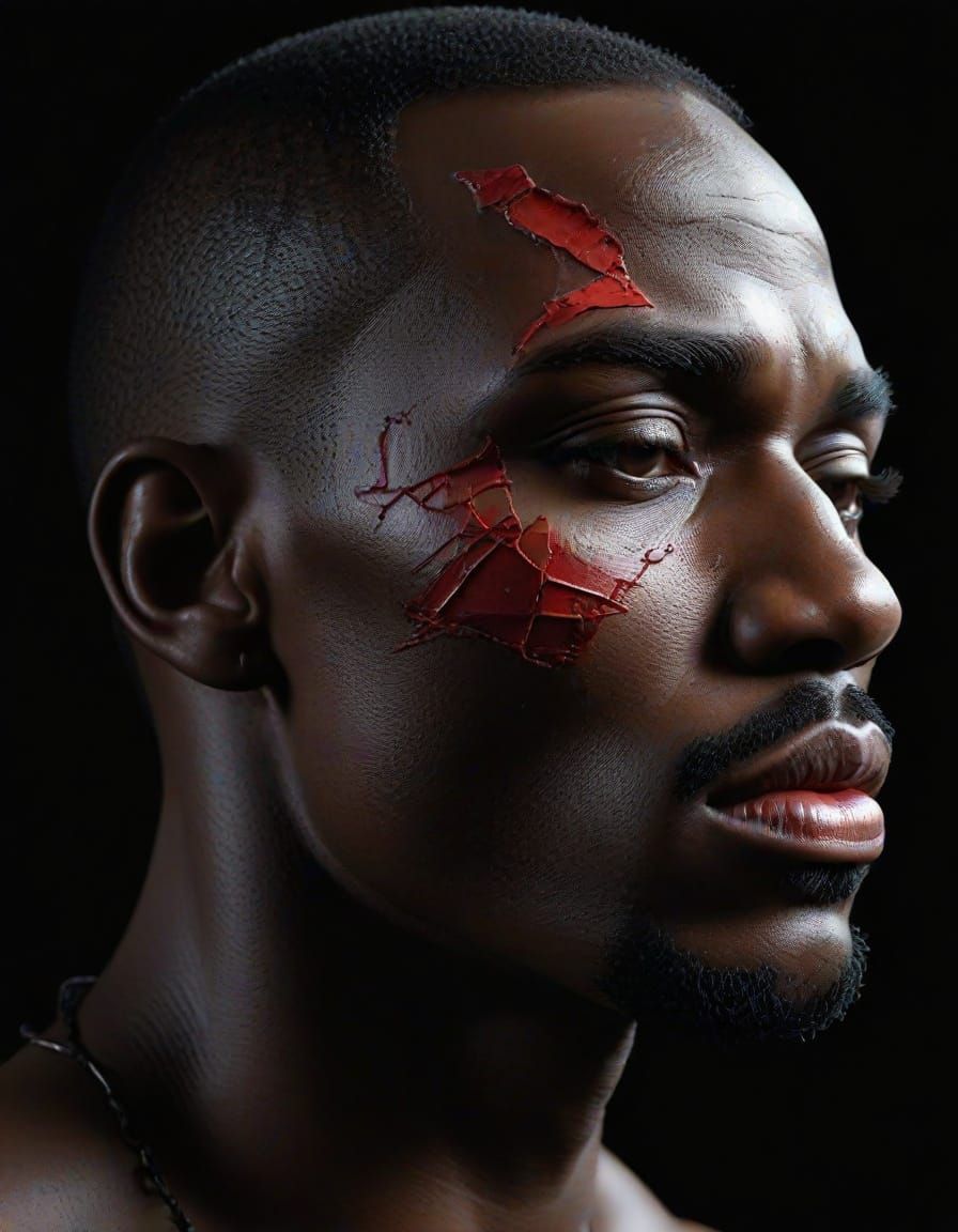 Haunting Gothic Portrait: African Man with Cracked Porcelain...