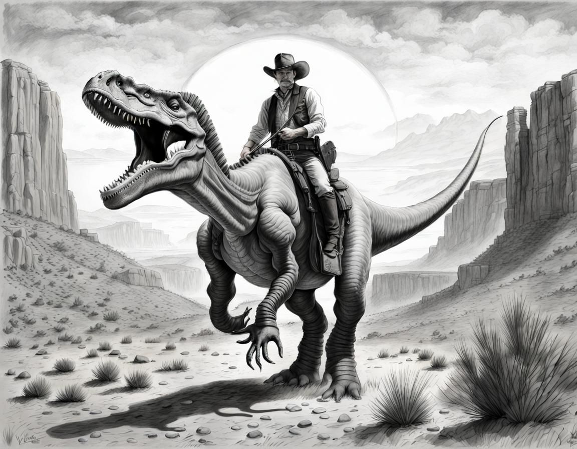 Dinosaurs in the Wild West: Graphite Pencil Sketch
