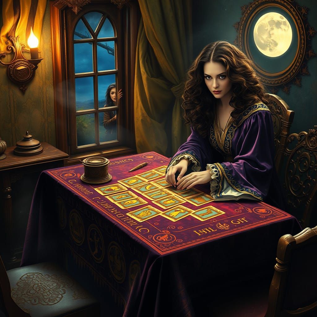 Mystical Fortune Teller in Velvet Robes, Tarot Cards, and Wh...