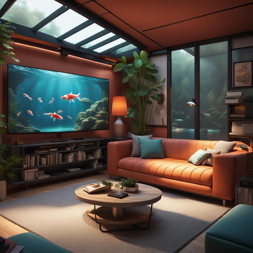 Minimalist Container Home Living Room with Koi Pond