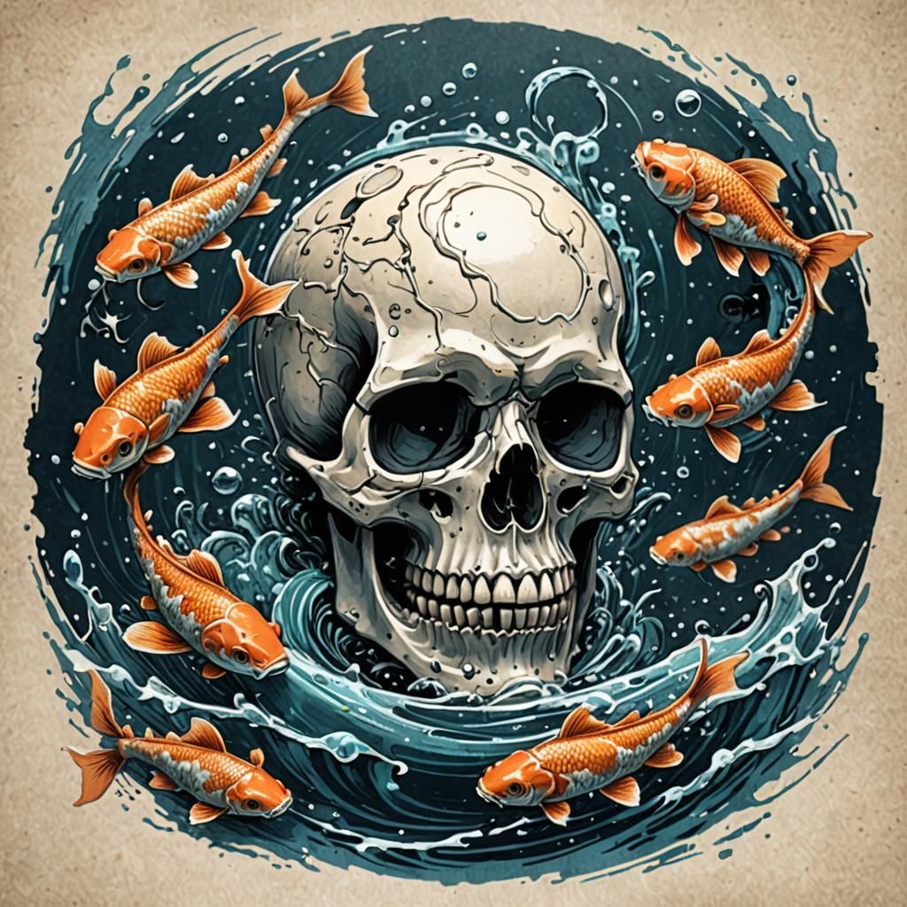 Fantasy Skull Illustration with Koi Fish in Comic Book Style