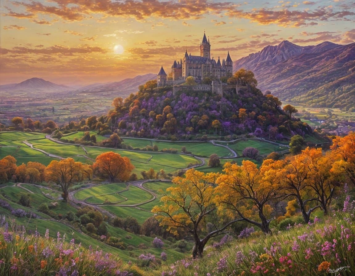 Lush Valley Castle at Sunset: An Oil Painting