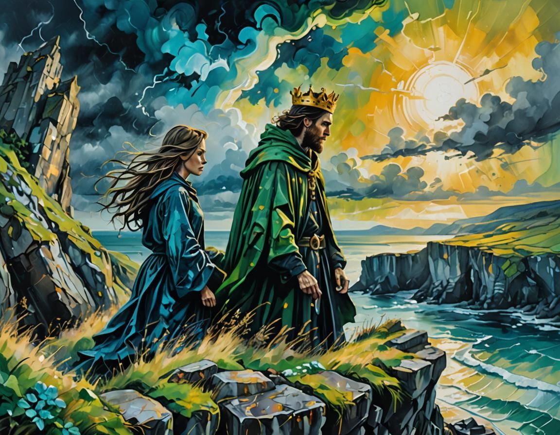 King and Witch Embrace: Graffiti Art on Irish Cliff