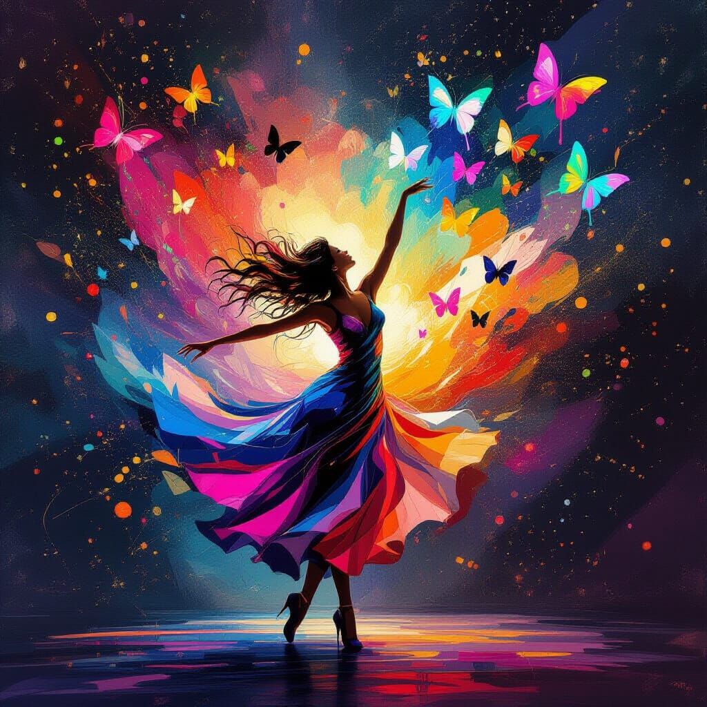 Explosion of Colors Forms Dancing Figure with Butterfly Spla...