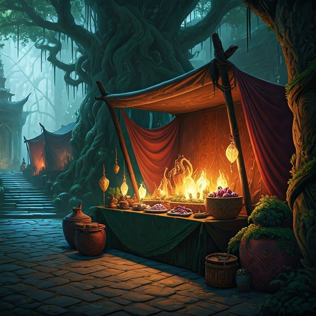 Lush Marketplace Stall Overflowing with Sacred Plants