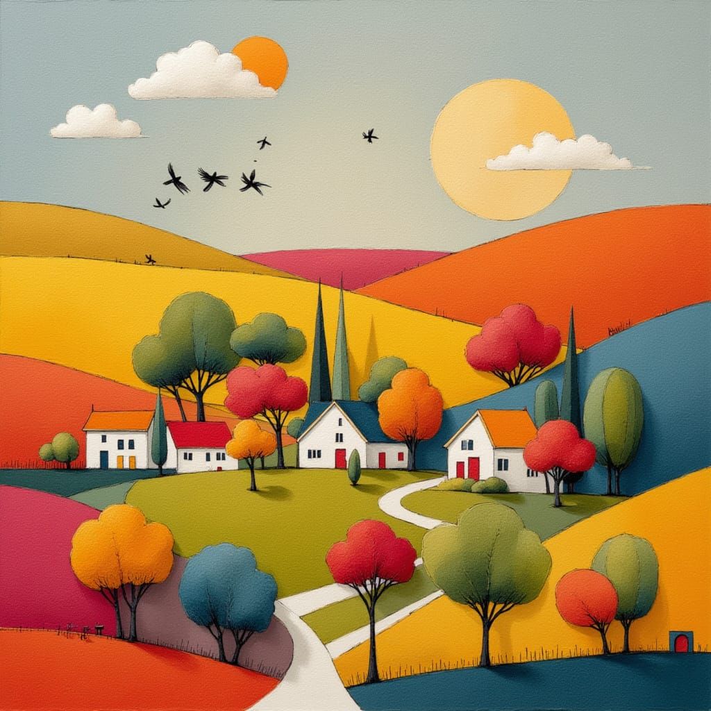 Whimsical Folk Village Life in Vibrant Abstract Style