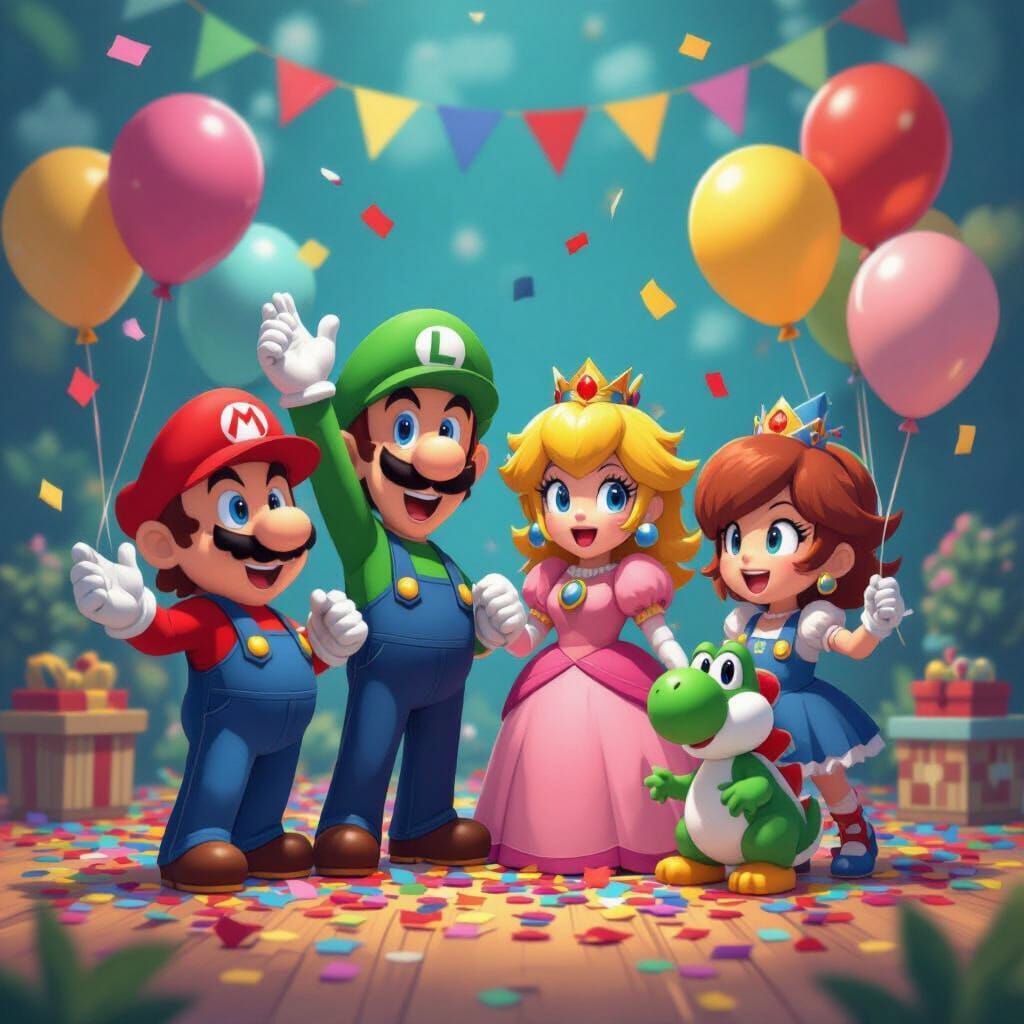Mario and Friends Celebrate in Pixelated 3D Art