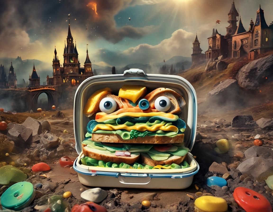 Surreal Smiling Sandwich in Smokey Landscape