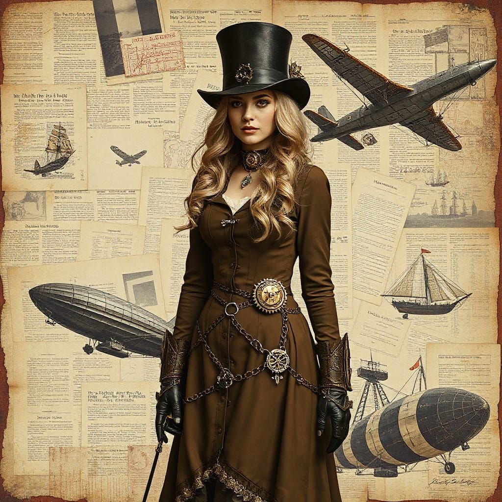 Steampunk Woman in Victorian Attire with Airships
