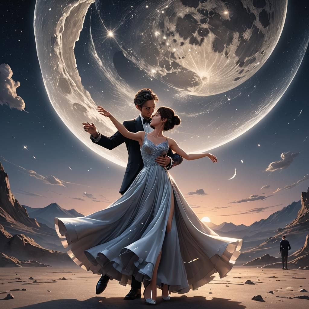 Elegant Couple Dancing on the Moon in Anime Style