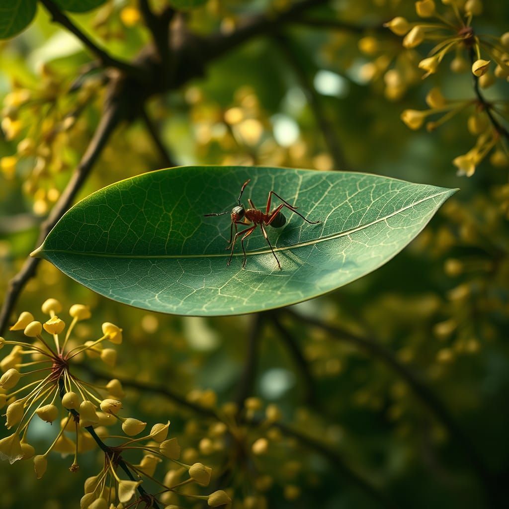 Ant Surfing on Leaf in Cinematic Style