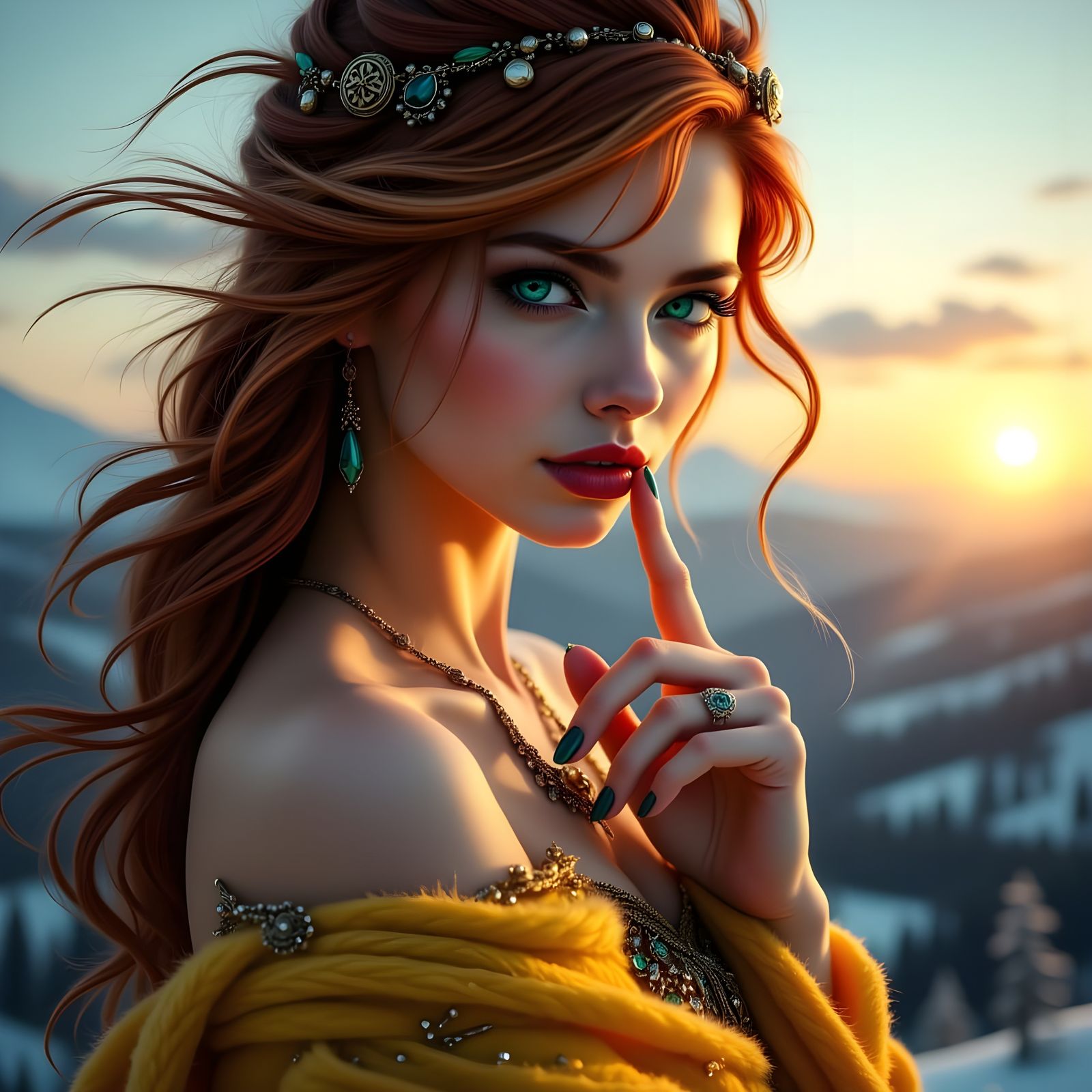 Gothic Norse Goddess in Frost-Tinged Sunset