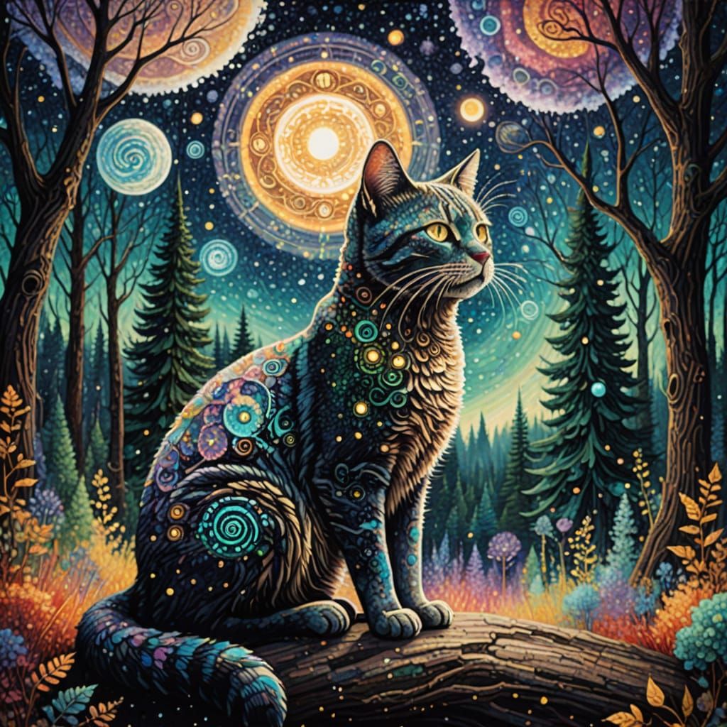 Cat Gazes at Celestial Clockwork in Dreamlike Forest