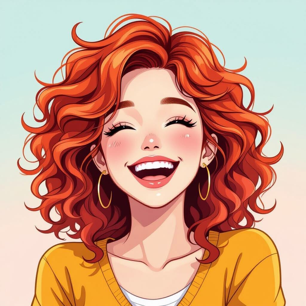 Anime Style Young Woman with Curly Red Hair Giggling