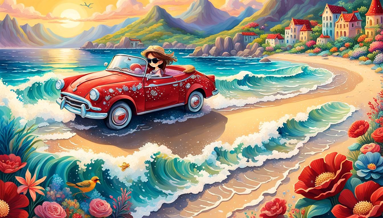 Chibi Girl Drives Floral Car: Storybook Illustration