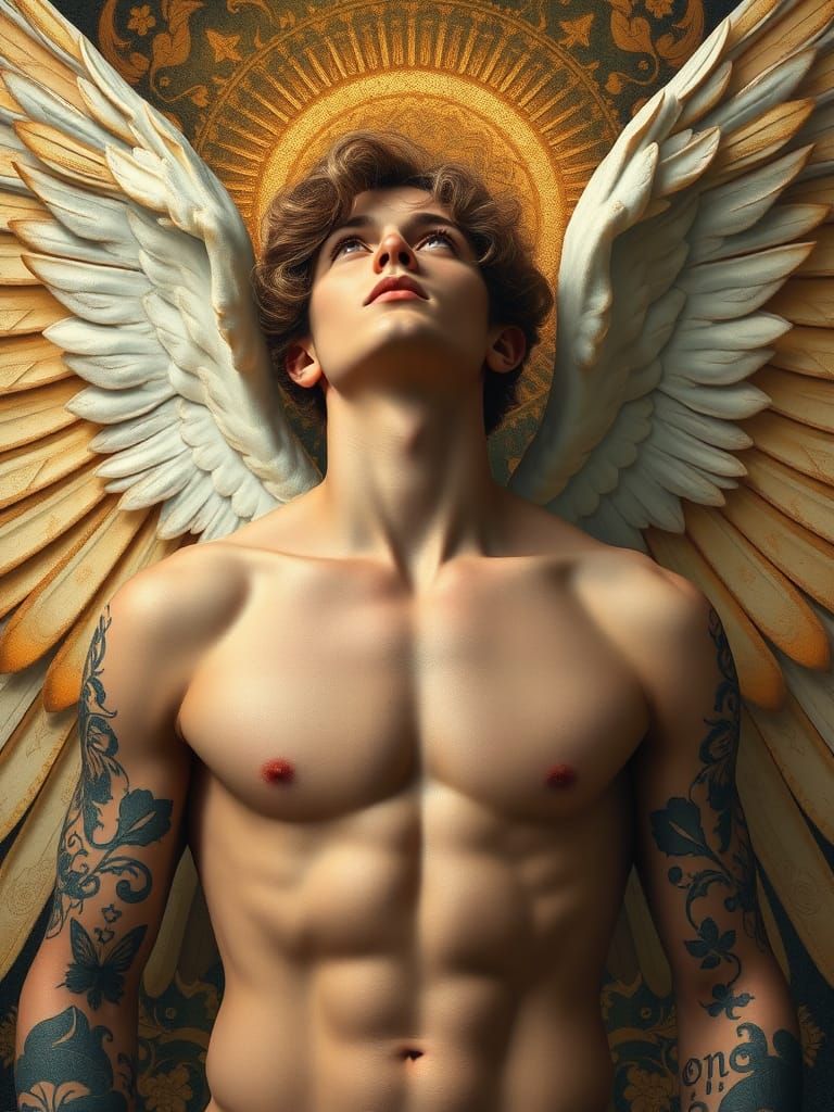 Celestial Male Torso with Butterfly Wings, Klimt Style