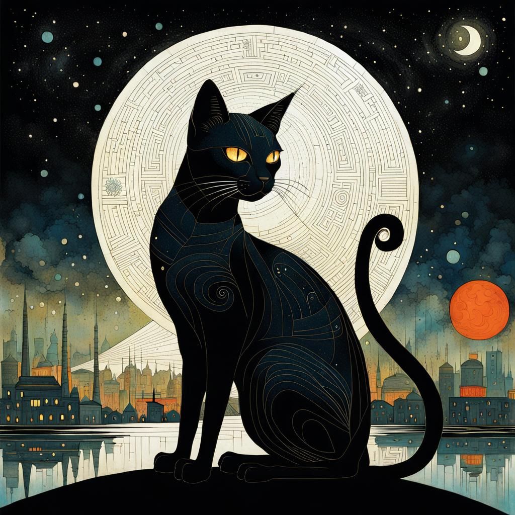 Elegant Egyptian Black Cat in the Night