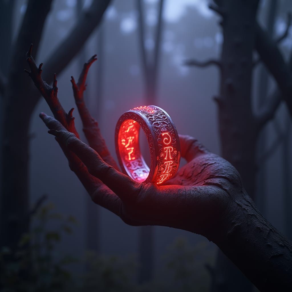 Ornate Ring Emitting Red Glow in Mystical Forest