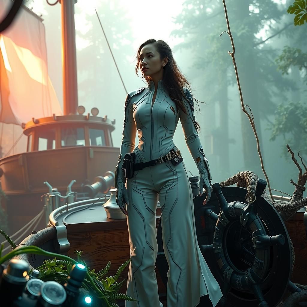 Futuristic Woman Commands Forest Ship, Biomechanical Fusion