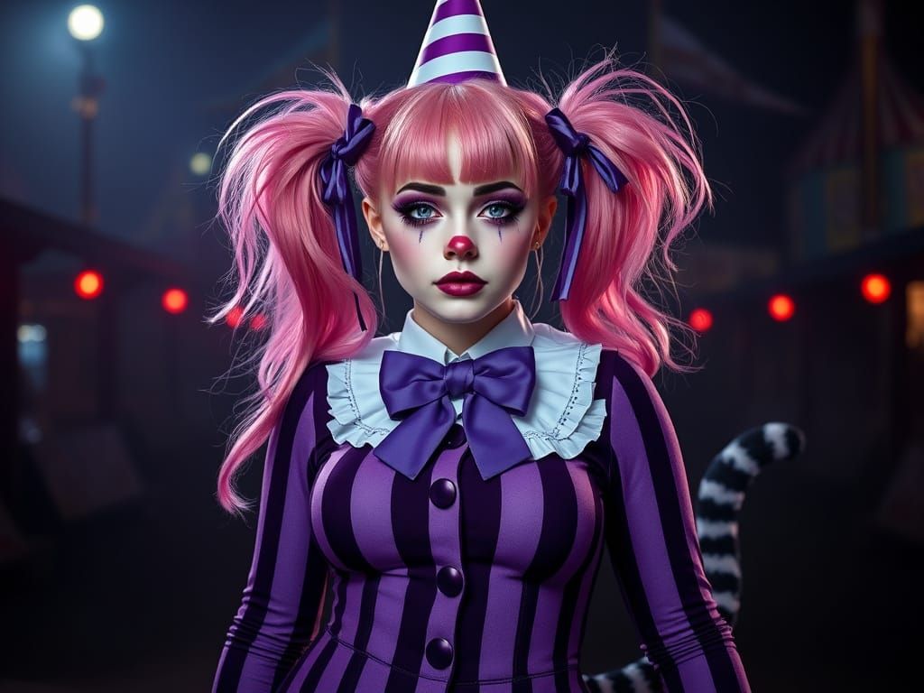 Sad Clown Girl in Misty Circus, Hyperrealistic Portrait