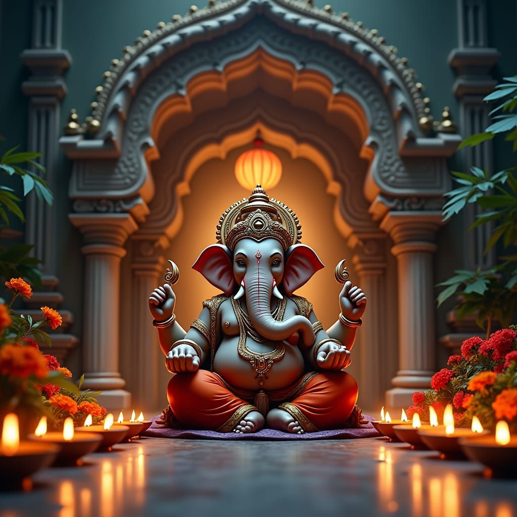 Majestic Lord Ganesha at Ornate Temple Entrance