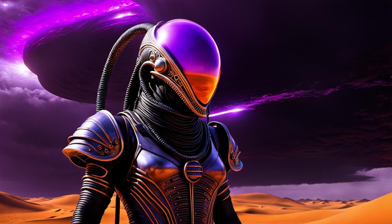 Retro-Futuristic Tribal Navigator in Radioactive Desert