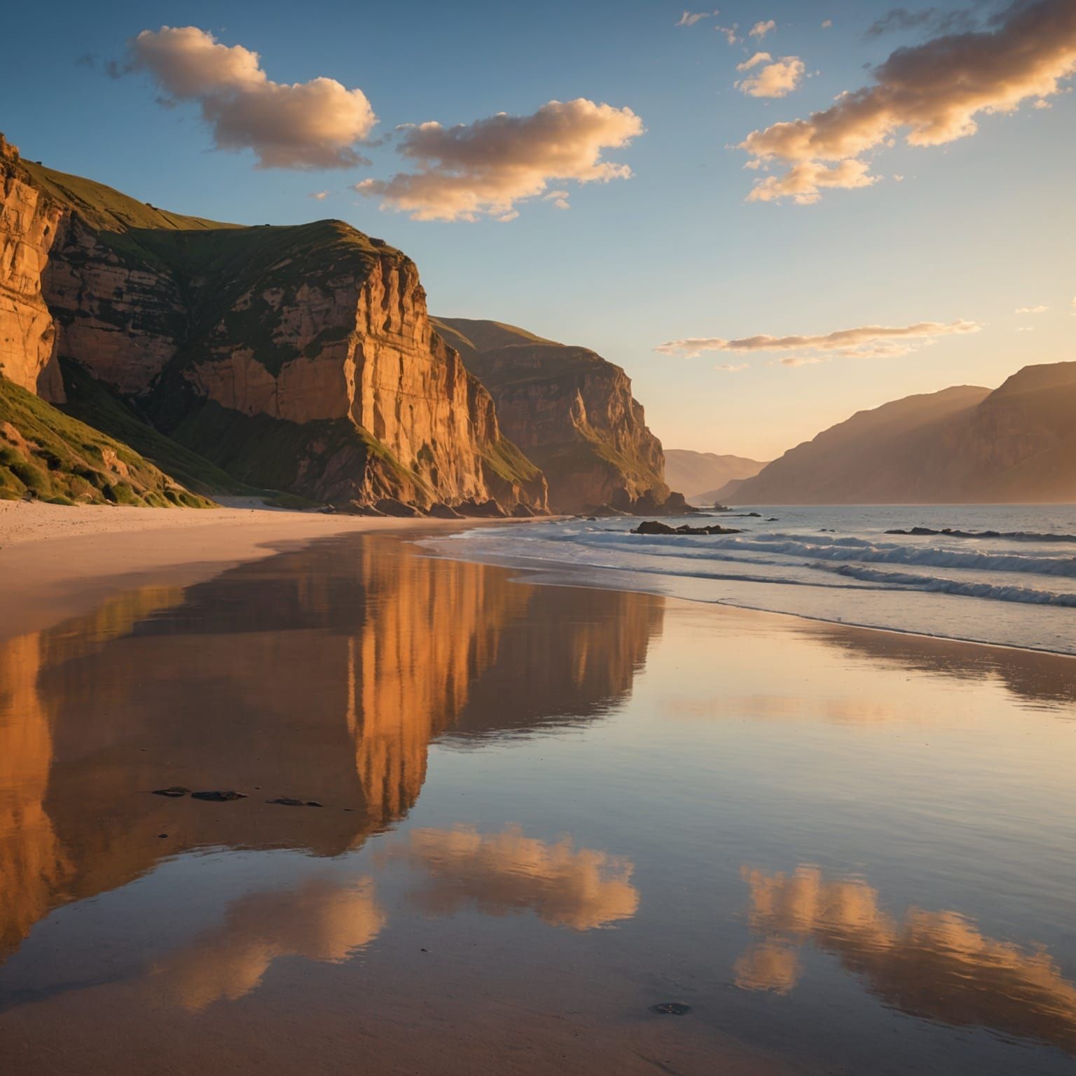 A stunning sunrise over a serene coastal landscape on [lundi]. The soft golden light of the morning sun illuminates the ...