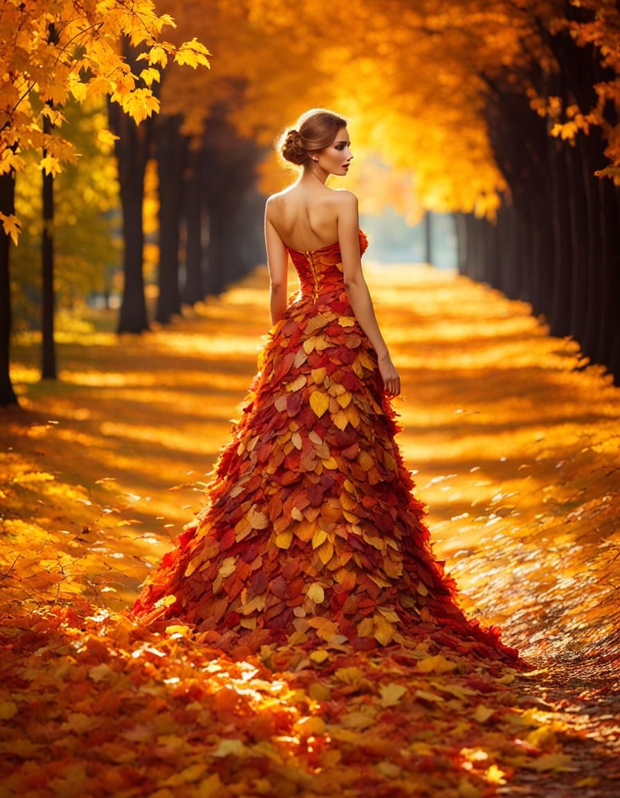 A beautiful woman in dress made of autumn leaves