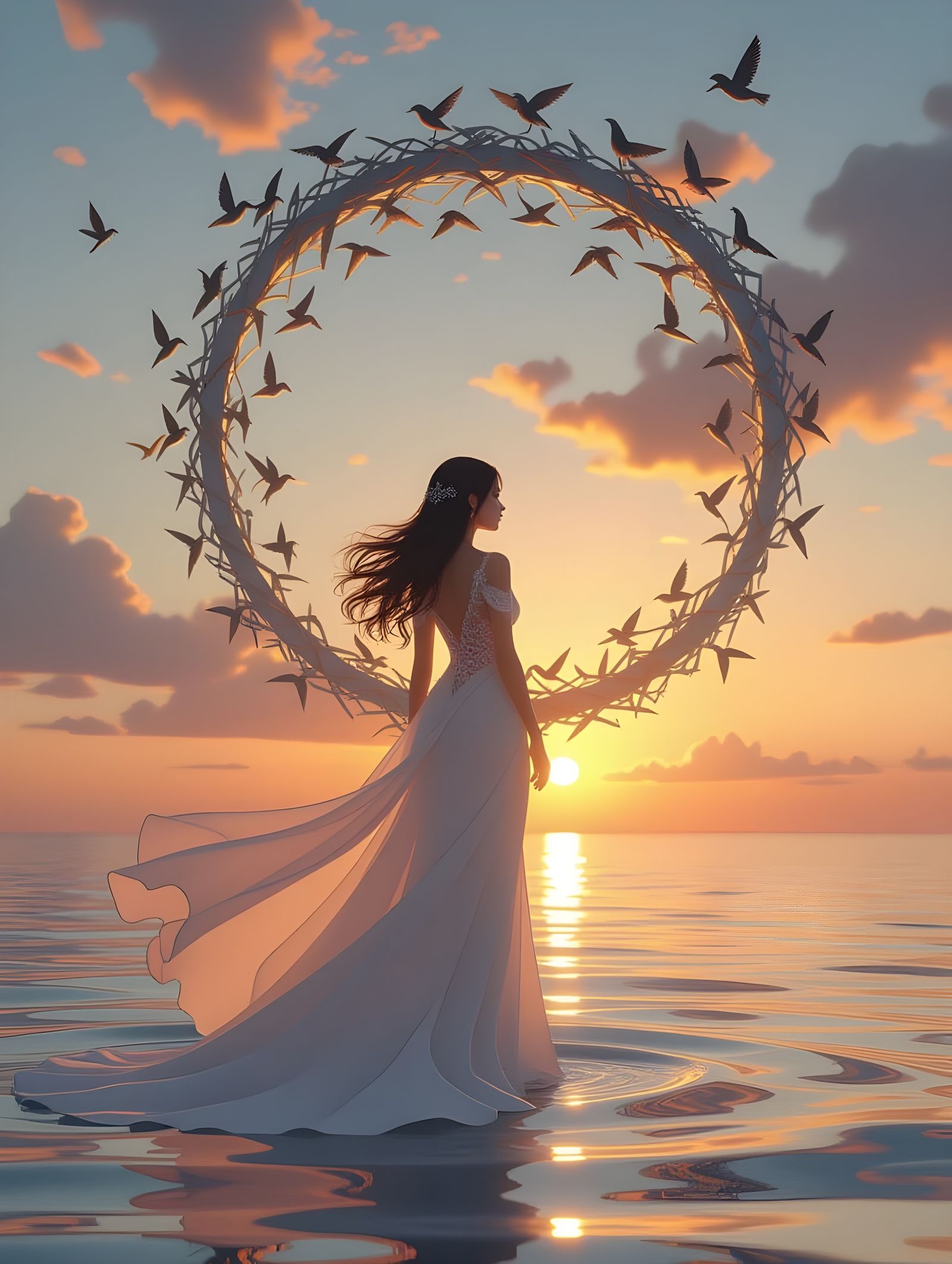 Woman at Sunset with Birds, in Anime Style