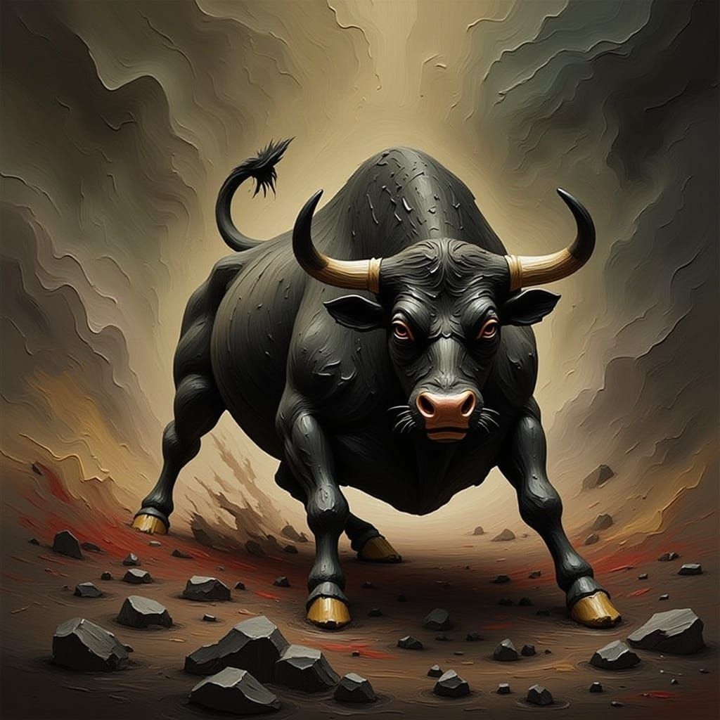 Angry Black Spanish Bull in Abstract Expressionist Style