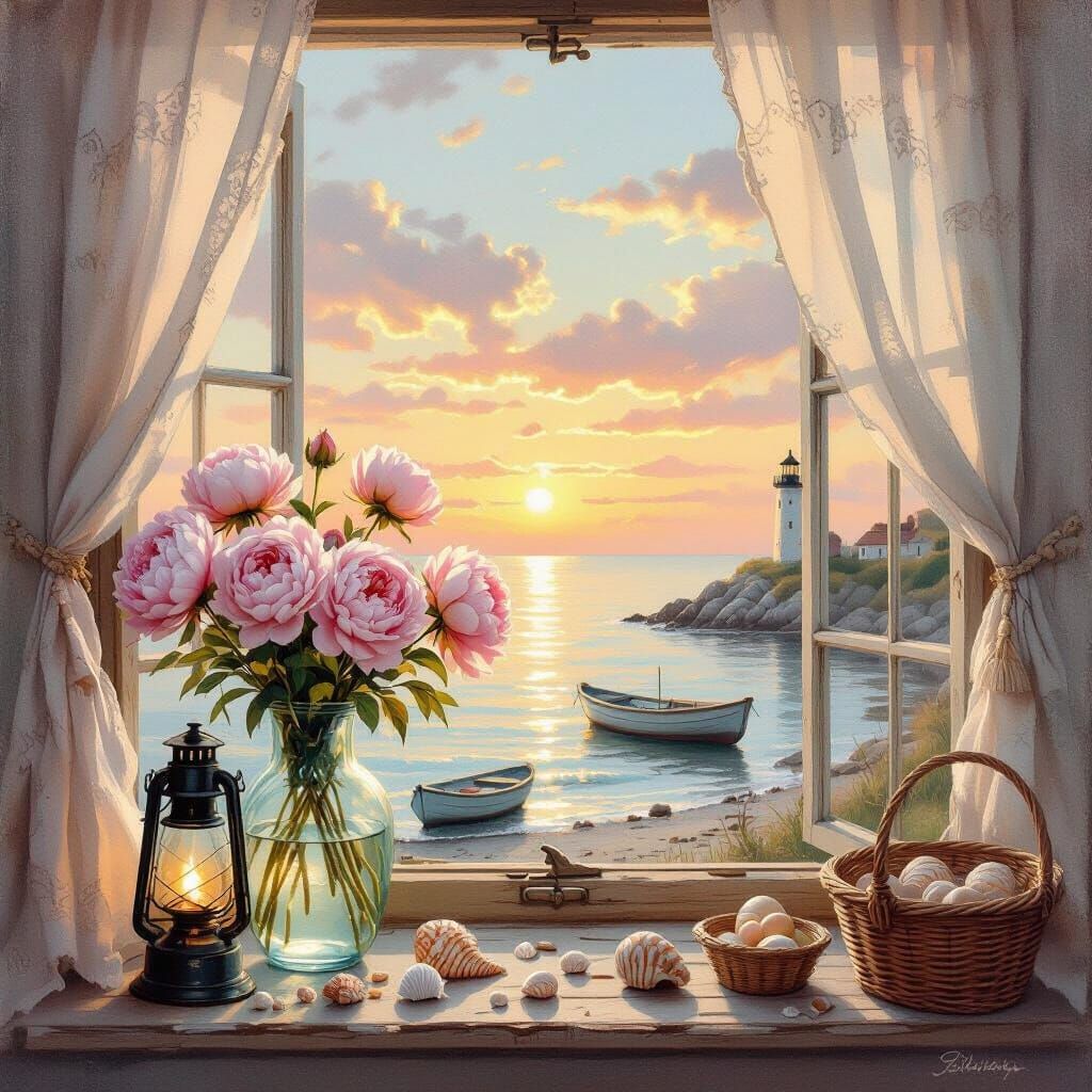 Shabby Chic Seascape with Sunset and Open Window