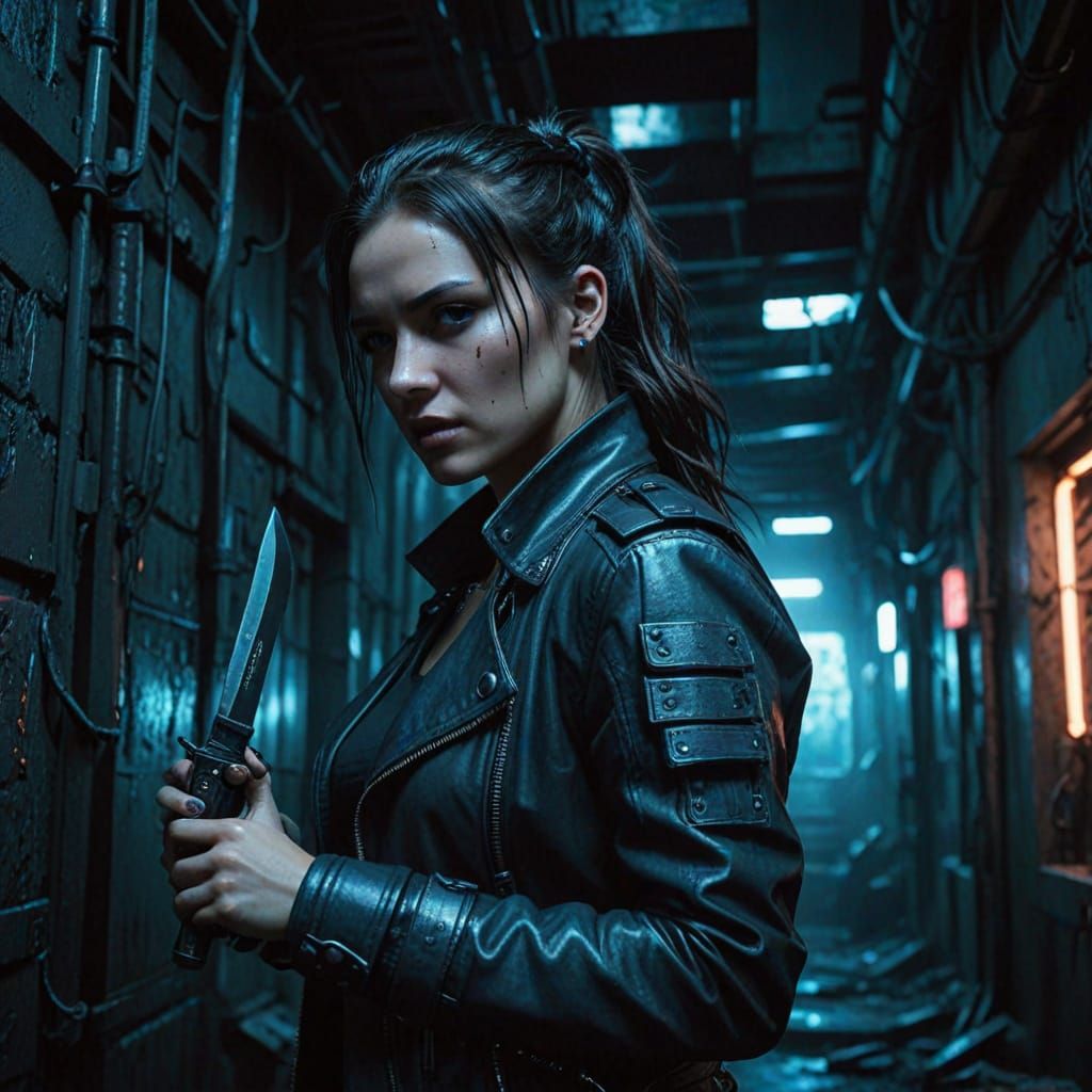 Cyberpunk Woman with Knife in Underground City