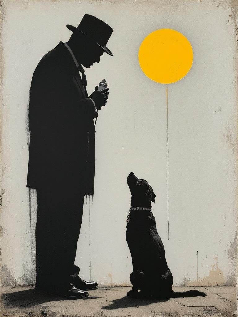 Surreal Dog in Sun: Magritte and Banksy Fusion