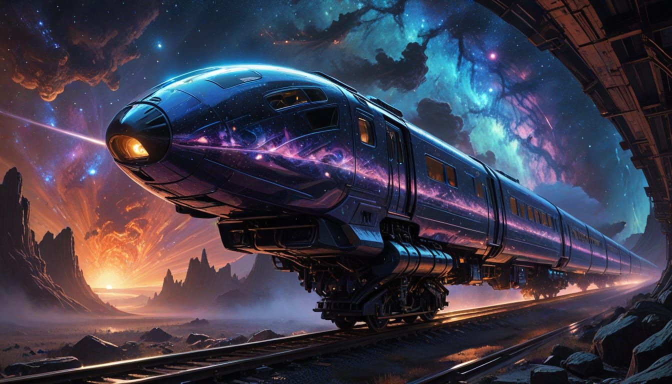 Astral Train in Cosmic Vortex, Blending Digital Art and Sci-...