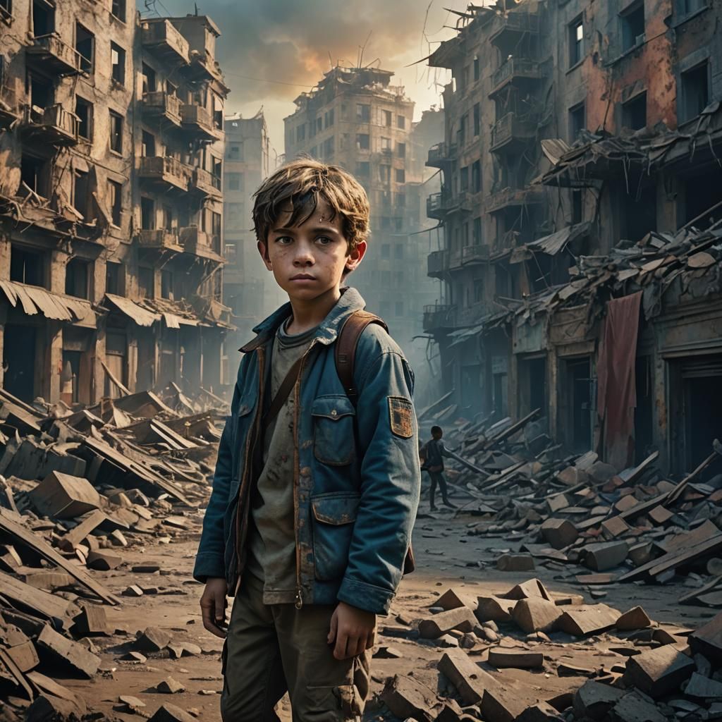 War-Torn Cityscape: Child in Ruins, Cinematic Digital Art