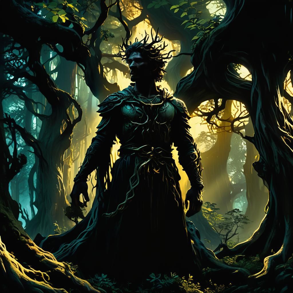 Regal Figure in Mystical Forest: Dark Fantasy Art
