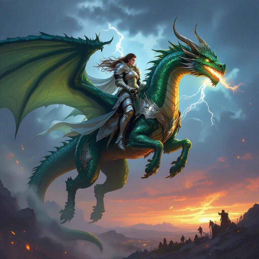 Princess Knight on Emerald Dragon in Epic Fantasy Art