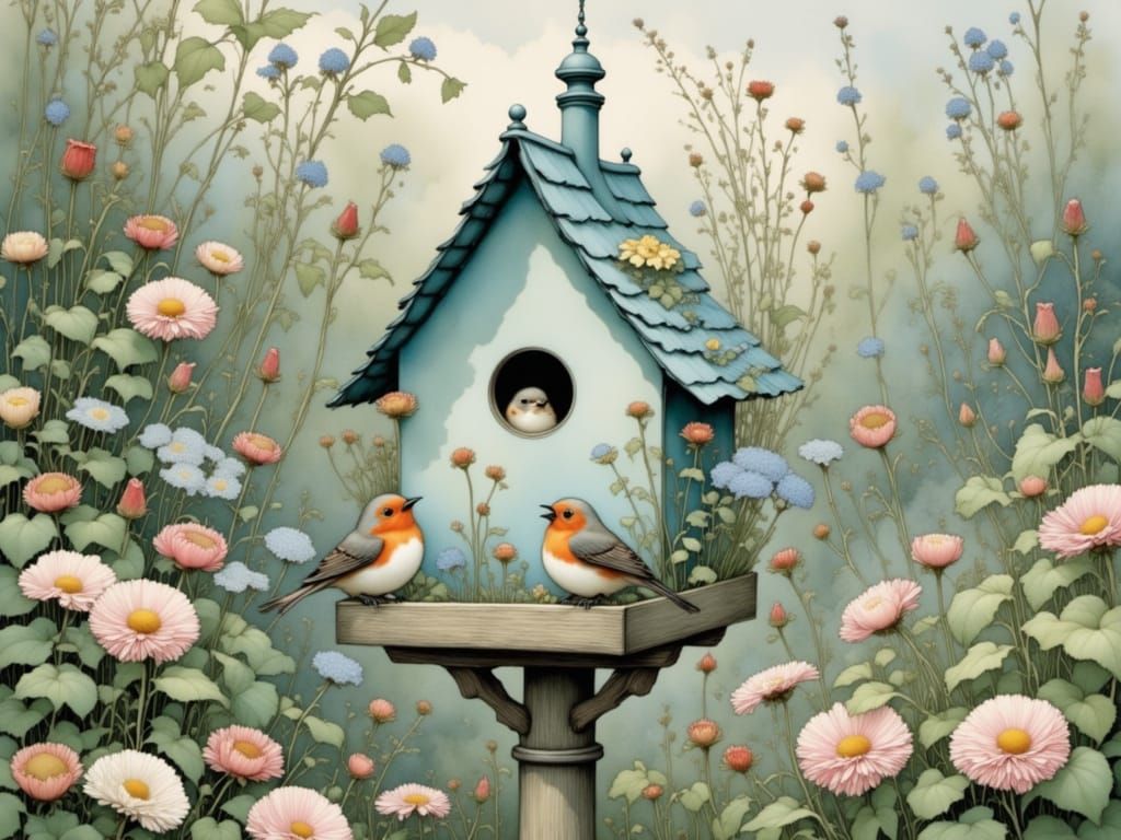 Charming Birdhouse Scene in Watercolor Cottage Garden