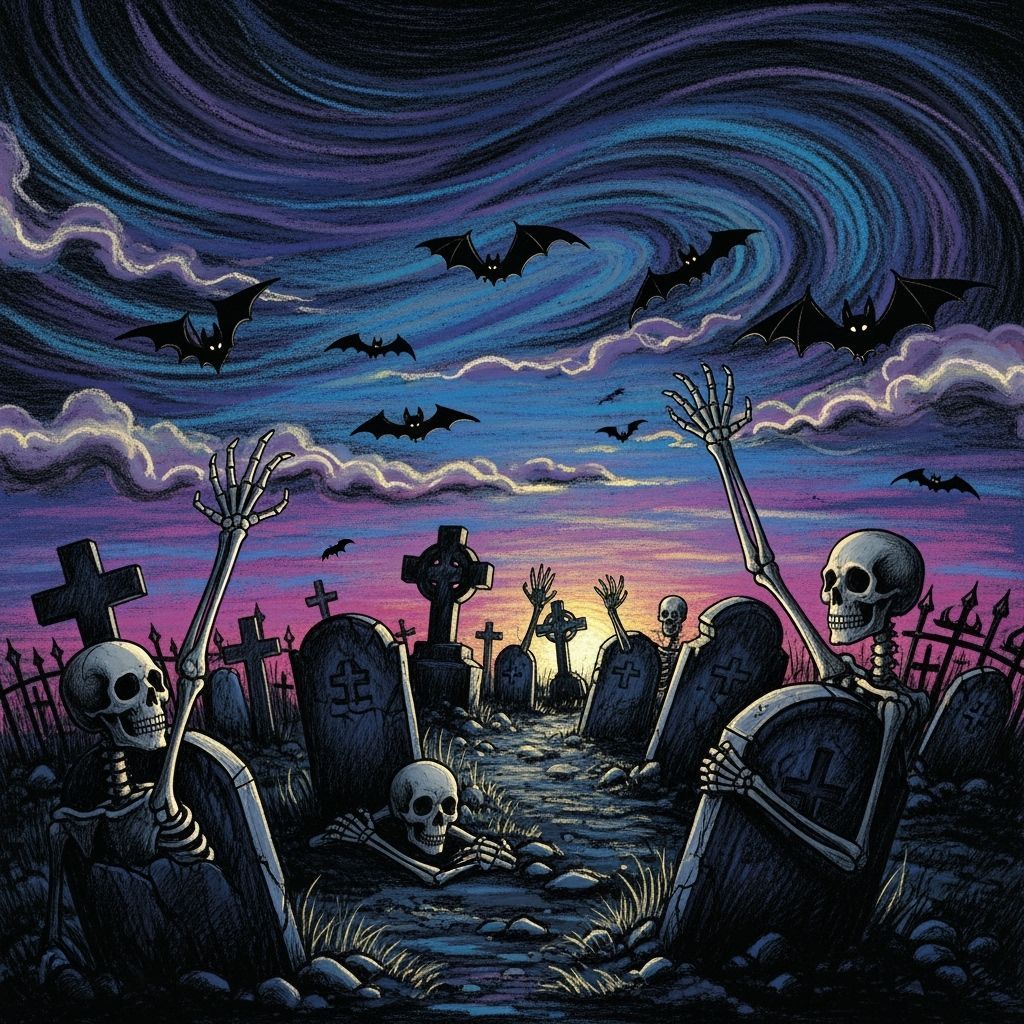 Spooky Graveyard: Skeletons Rise in Chalk Ink Style