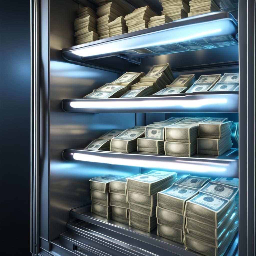 Money in Open Freezer: Realistic 4K Photography
