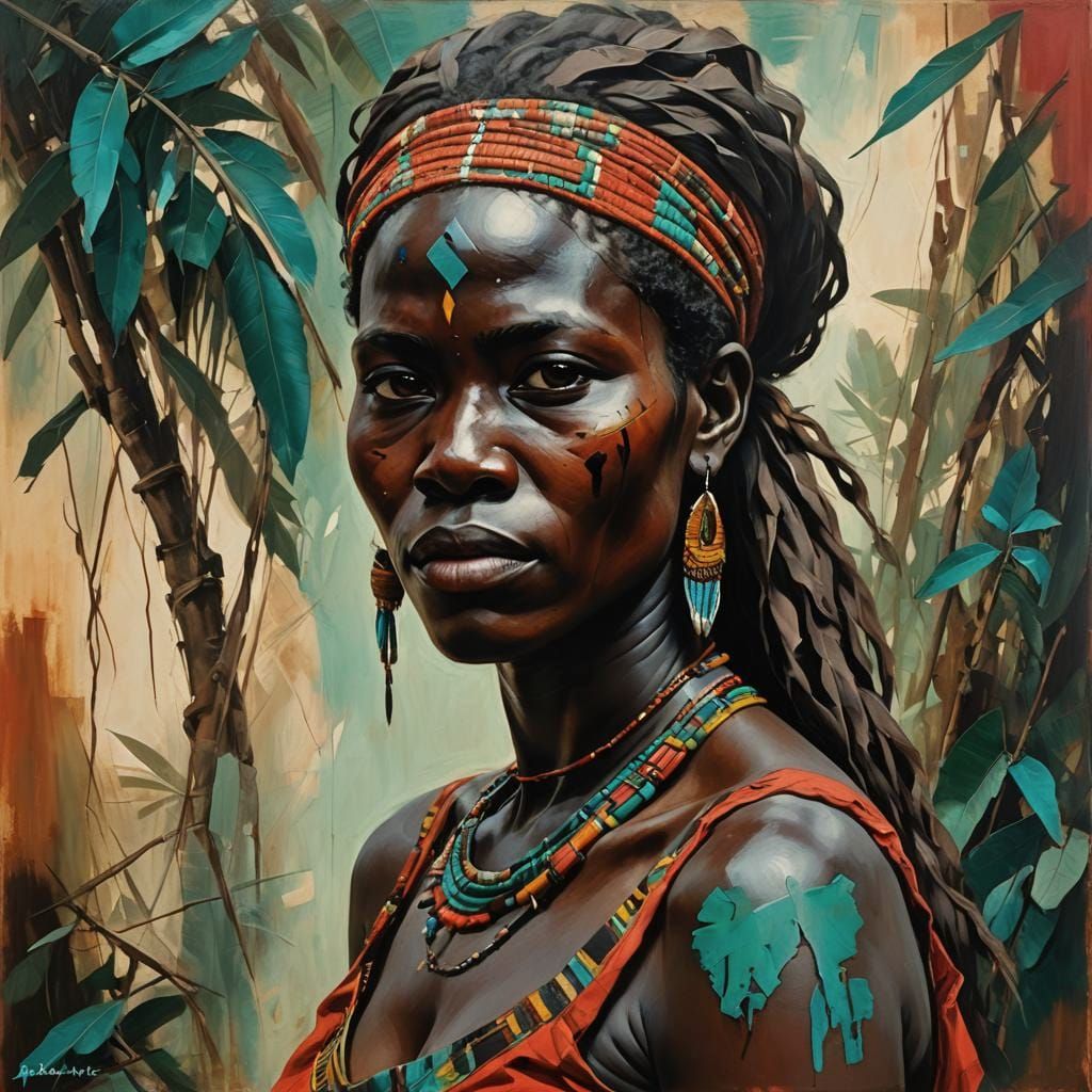 Ethereal Tribal Beauty in Neo-Gothic Oil Painting