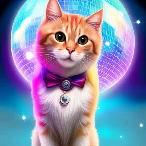 Disco Cat Under the Mirror Ball, Digital Art