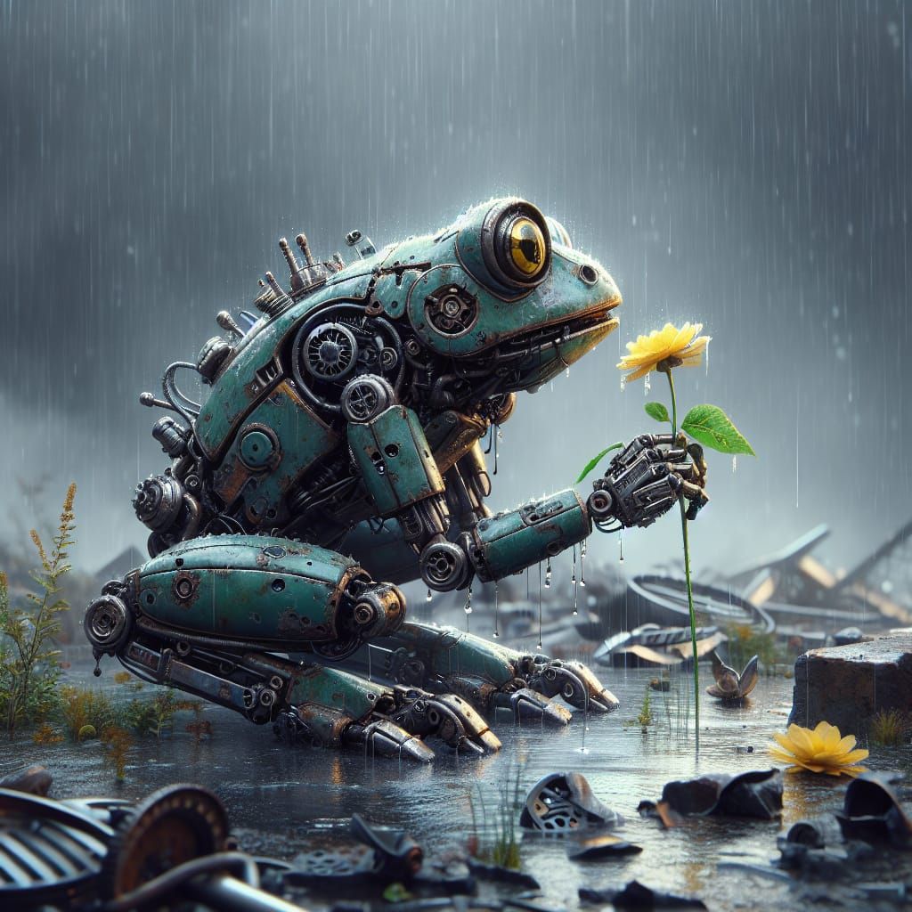 Victorian-Style Robot Frog Contemplates Yellow Flower in Des...