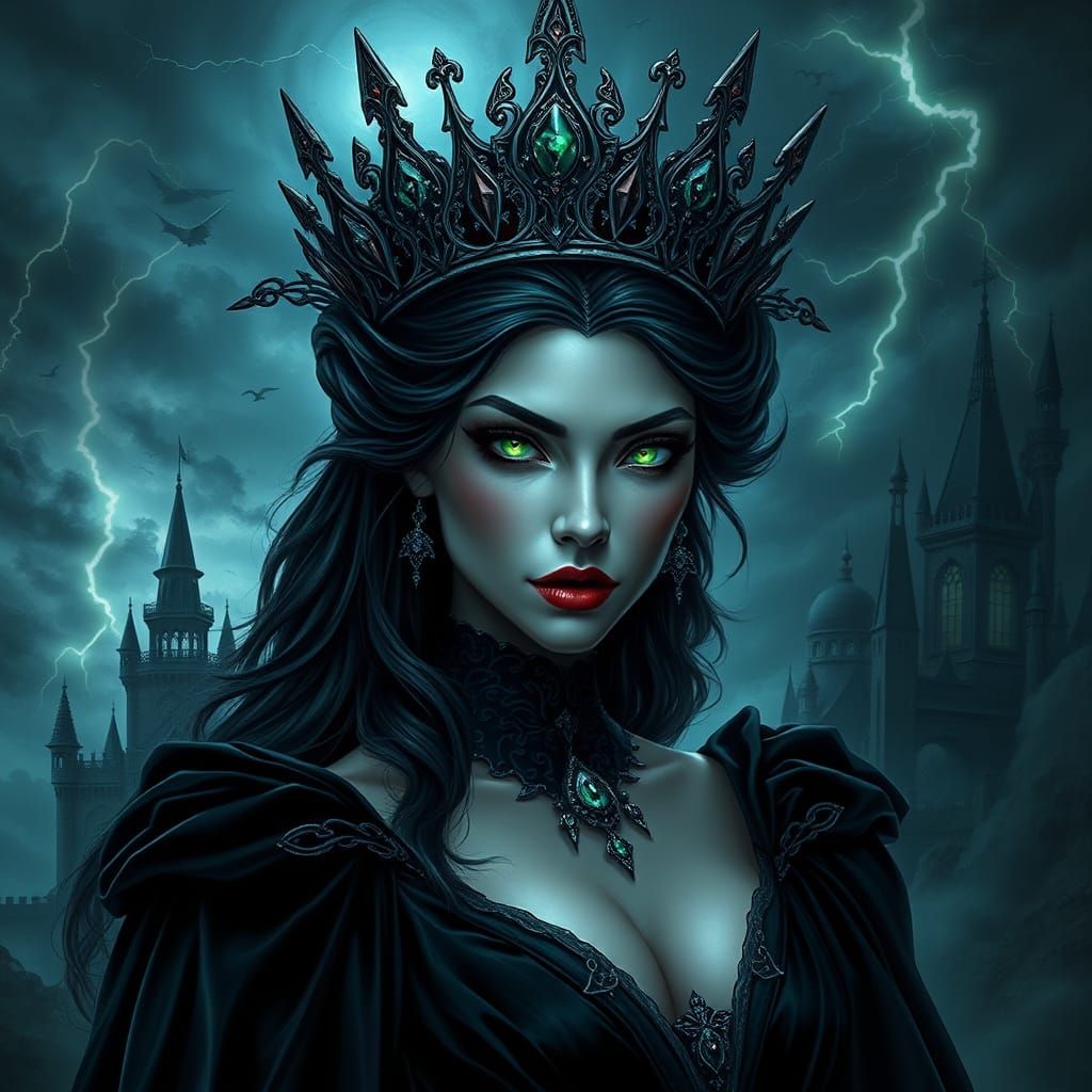 Regal Dark Fantasy Queen with Glowing Eyes and Starlight Cro...