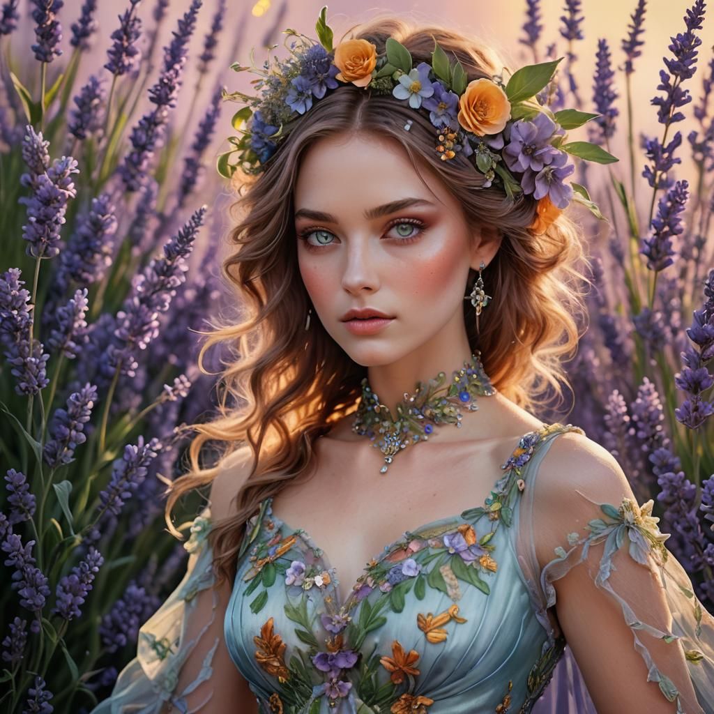Ethereal Girl in Floral Gown, Hyper-realistic Portrait