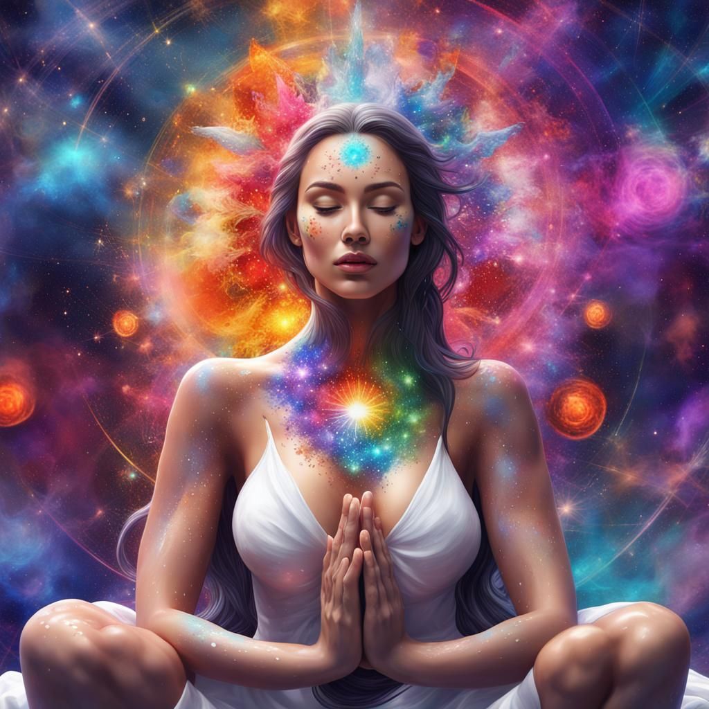 Goddess Meditating in Galaxy: Colorful Graffiti Art