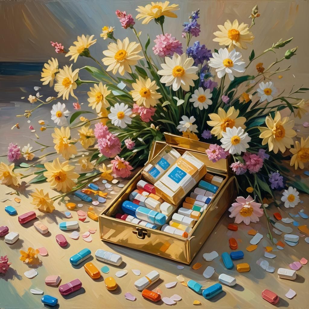 Impressionistic Medicine Box on Blossom Still Life