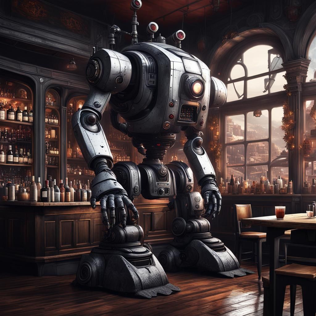 Goth Robot in Coffee Shop: Black and White Photography