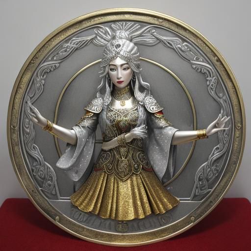 Silver Moon Goddess in Red, Gold, and Grey
