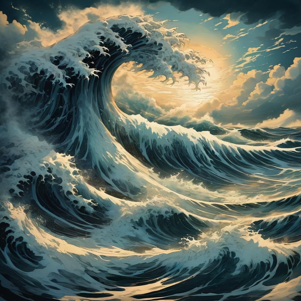 God of Wind Creates Ocean Waves in Hokusai Style